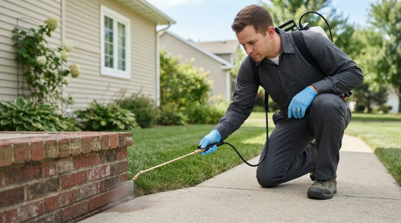 Pest control technician treating a home near La Crescent, MN